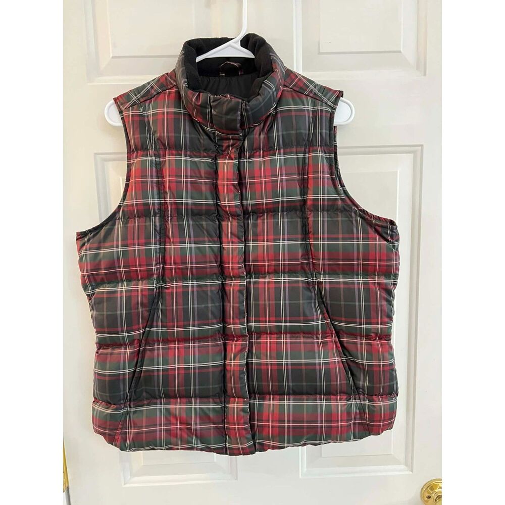 Eddie Bauer Goose Down Quilted Puffer Vest Plaid Large Jacket Red Womens